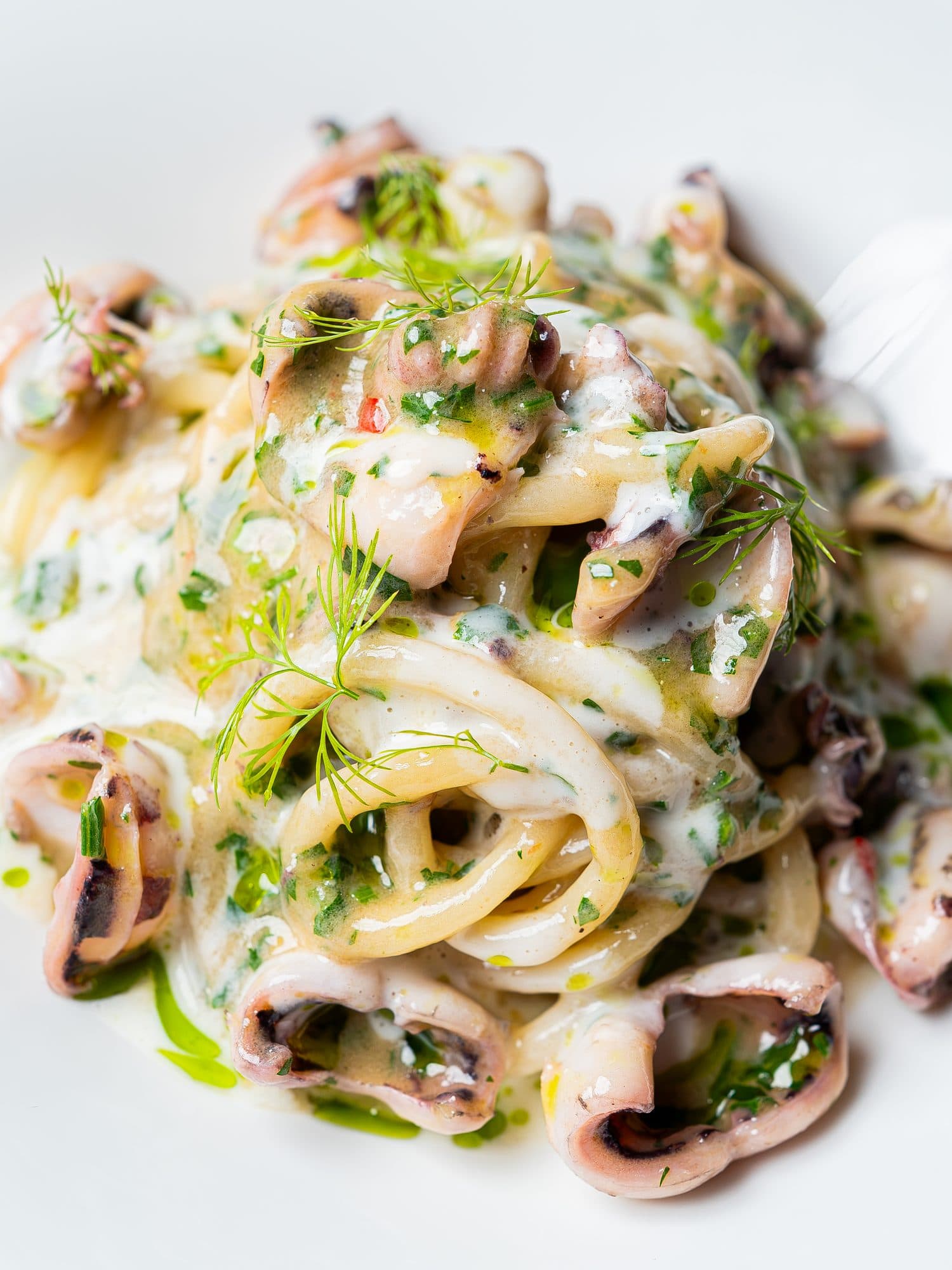 Spaghetti con calamaretti, finocchietto e olio verde, vista dall’alto.